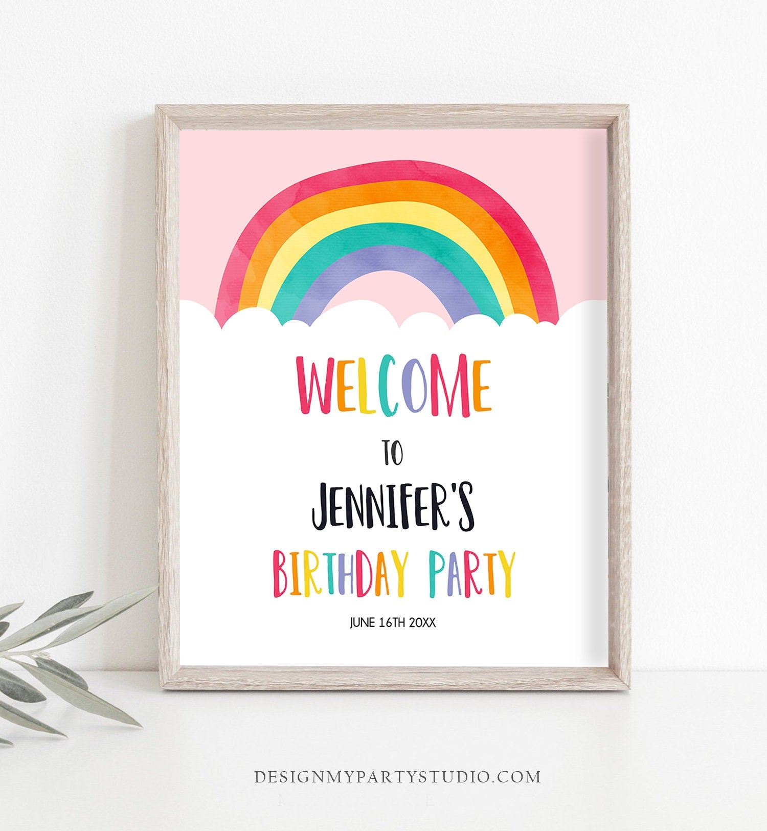Editable Rainbow Welcome Sign Rainbow Birthday Party Sign Colorful Rainbow Fun Clouds Pink Girl Watercolor Corjl Template Printable 0272
