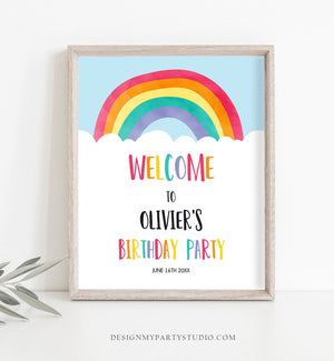Editable Rainbow Welcome Sign Rainbow Birthday Party Sign Colorful Rainbow Fun Clouds Blue Boy Watercolor Corjl Template Printable 0272