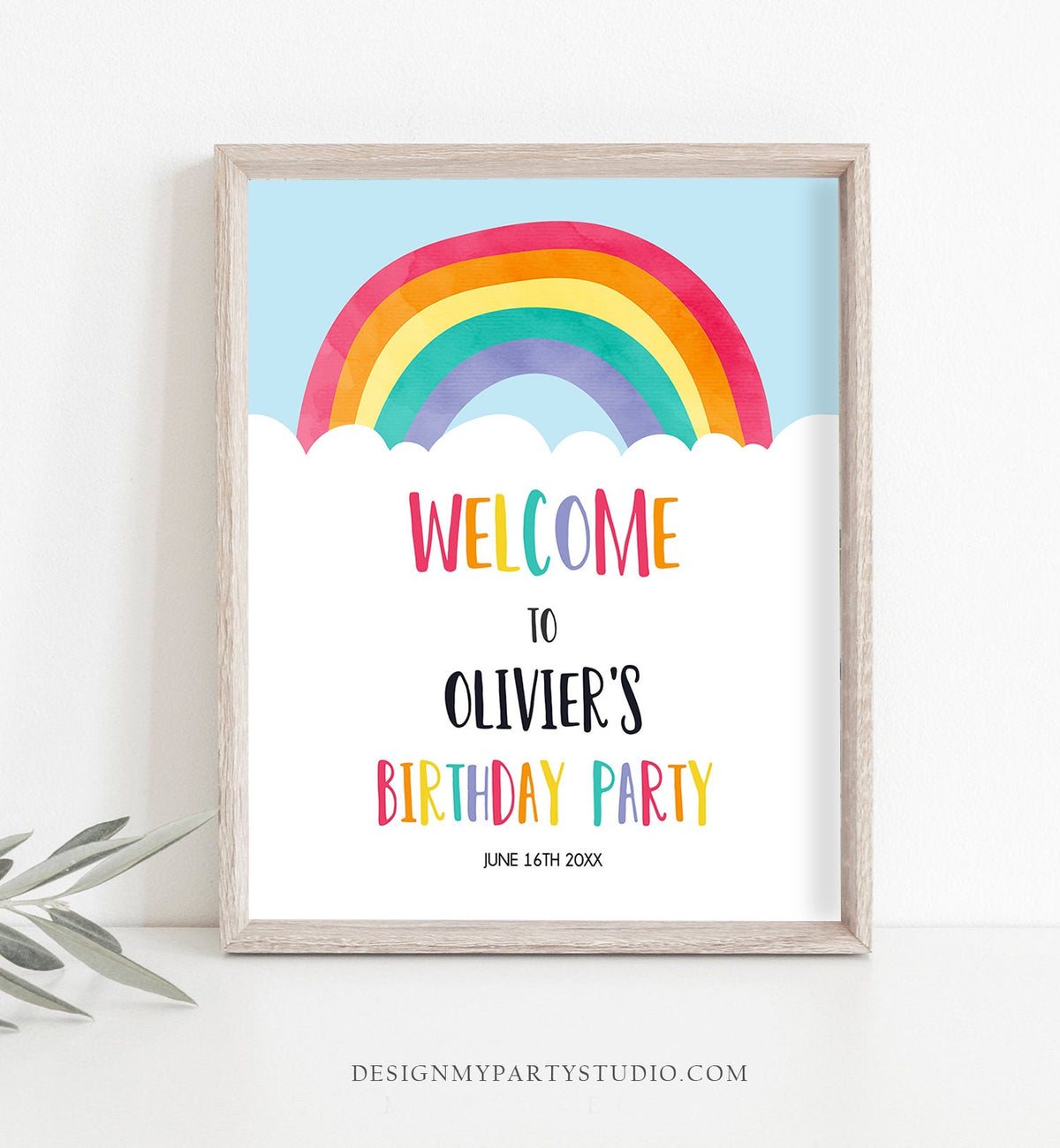 Editable Rainbow Welcome Sign Rainbow Birthday Party Sign Colorful Rainbow Fun Clouds Blue Boy Watercolor Digital Template Printable 0272