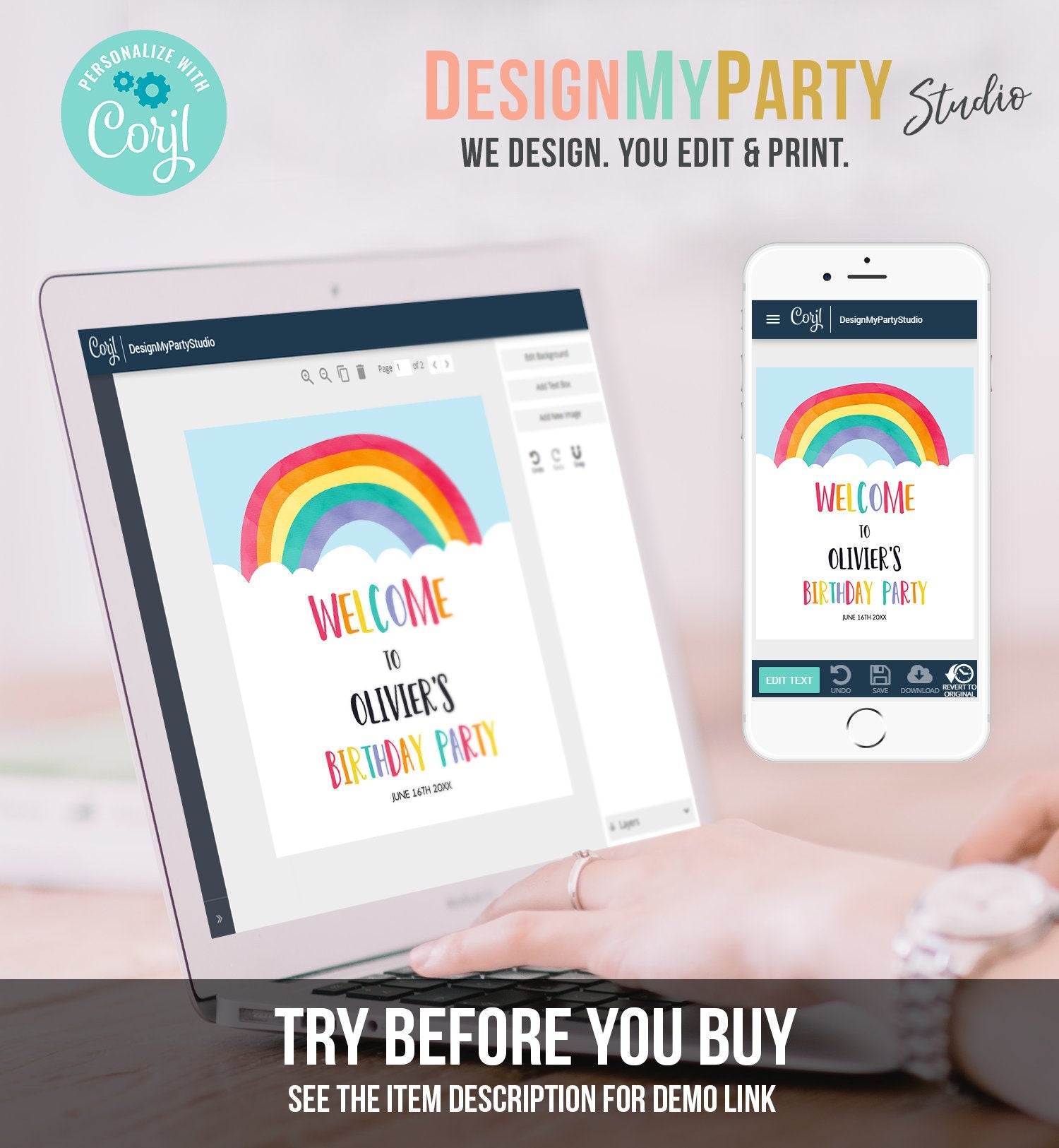 Editable Rainbow Welcome Sign Rainbow Birthday Party Sign Colorful Rainbow Fun Clouds Blue Boy Watercolor Digital Template Printable 0272
