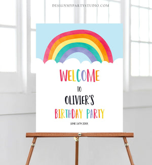 Editable Rainbow Welcome Sign Rainbow Birthday Party Sign Colorful Rainbow Fun Clouds Blue Boy Watercolor Corjl Template Printable 0272
