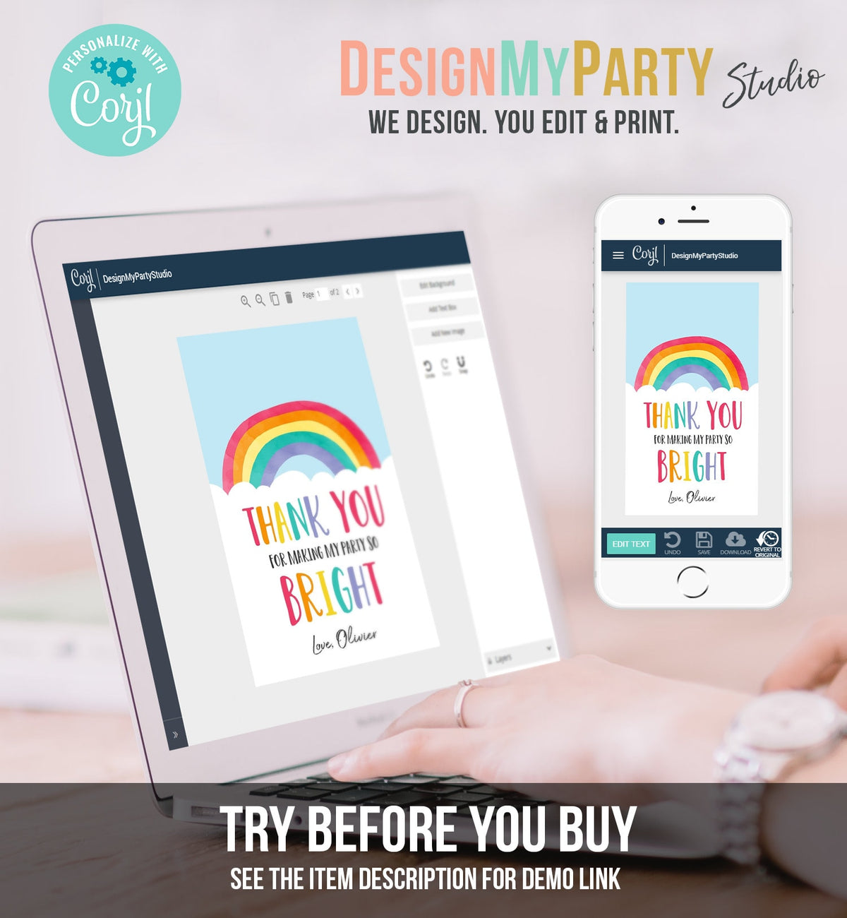 Editable Rainbow Favor Tags Rainbow Birthday Baby Shower Thank You Tags Colorful Girl Boy Blue Pink Watercolor Corjl Template Printable 0272