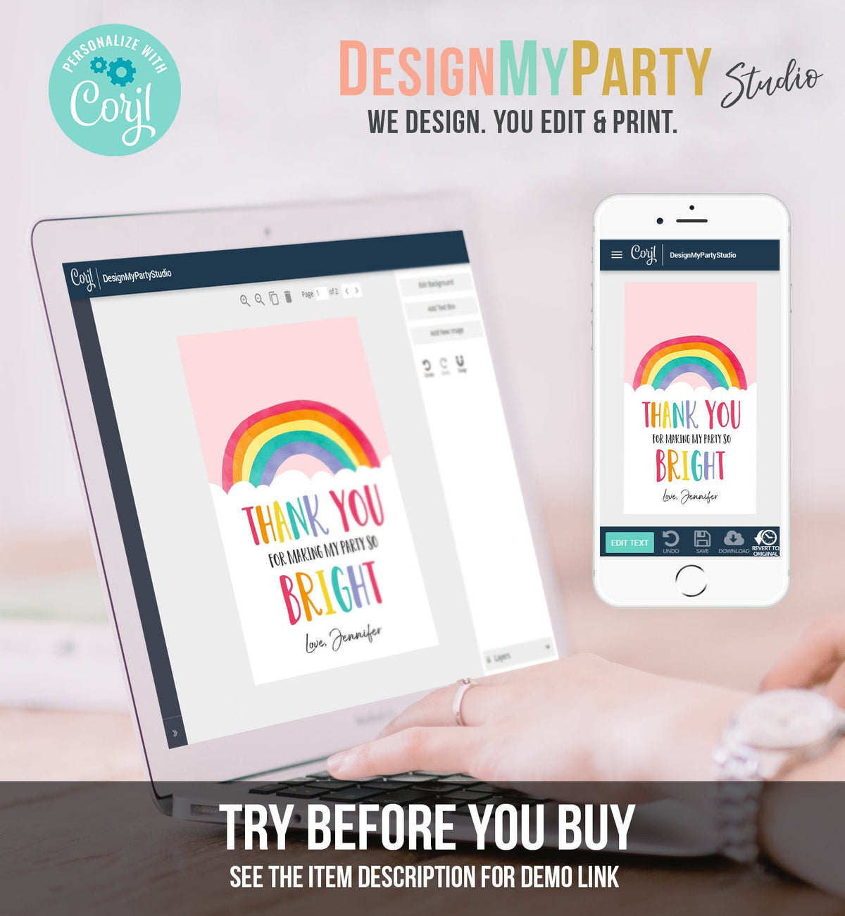 Editable Rainbow Favor Tags Rainbow Birthday Baby Shower Thank You Tags Colorful Girl Boy Blue Pink Digital Template Printable 0272