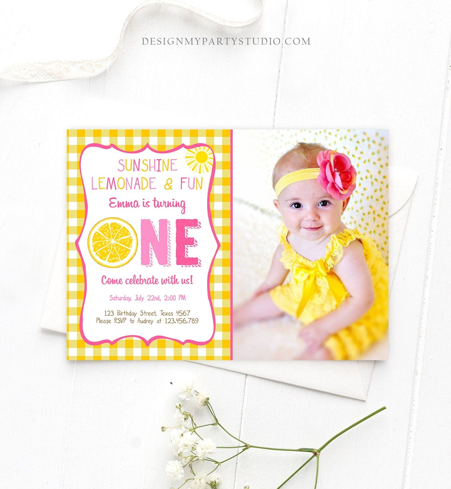 Editable Sunshine Lemonade Birthday Invitation Pink Girl Sunshine Party Lemonade and Fun Invite 1st Birthday Printable Template Corjl 0308