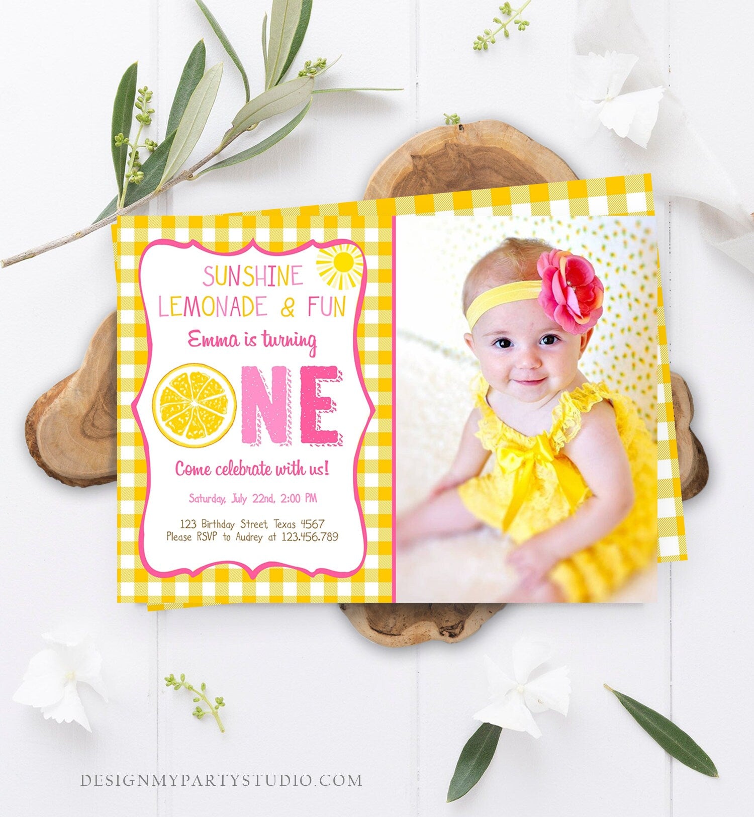 Editable Sunshine Lemonade Birthday Invitation Pink Girl Sunshine Party Lemonade and Fun Invite 1st Birthday Printable Template Corjl 0308