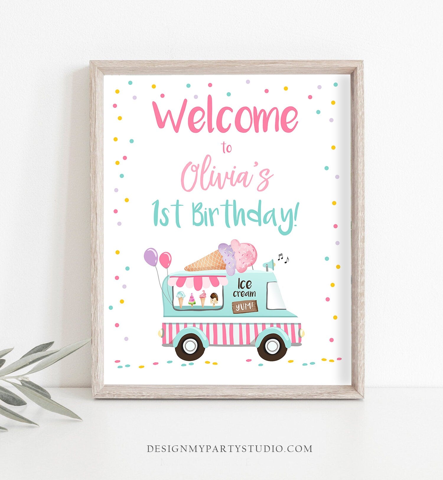 Editable Ice Cream Truck Party Welcome Sign Ice Cream Birthday Welcome Ice Cream Girl Summer Pink Mint Purple Template PRINTABLE Corjl 0243