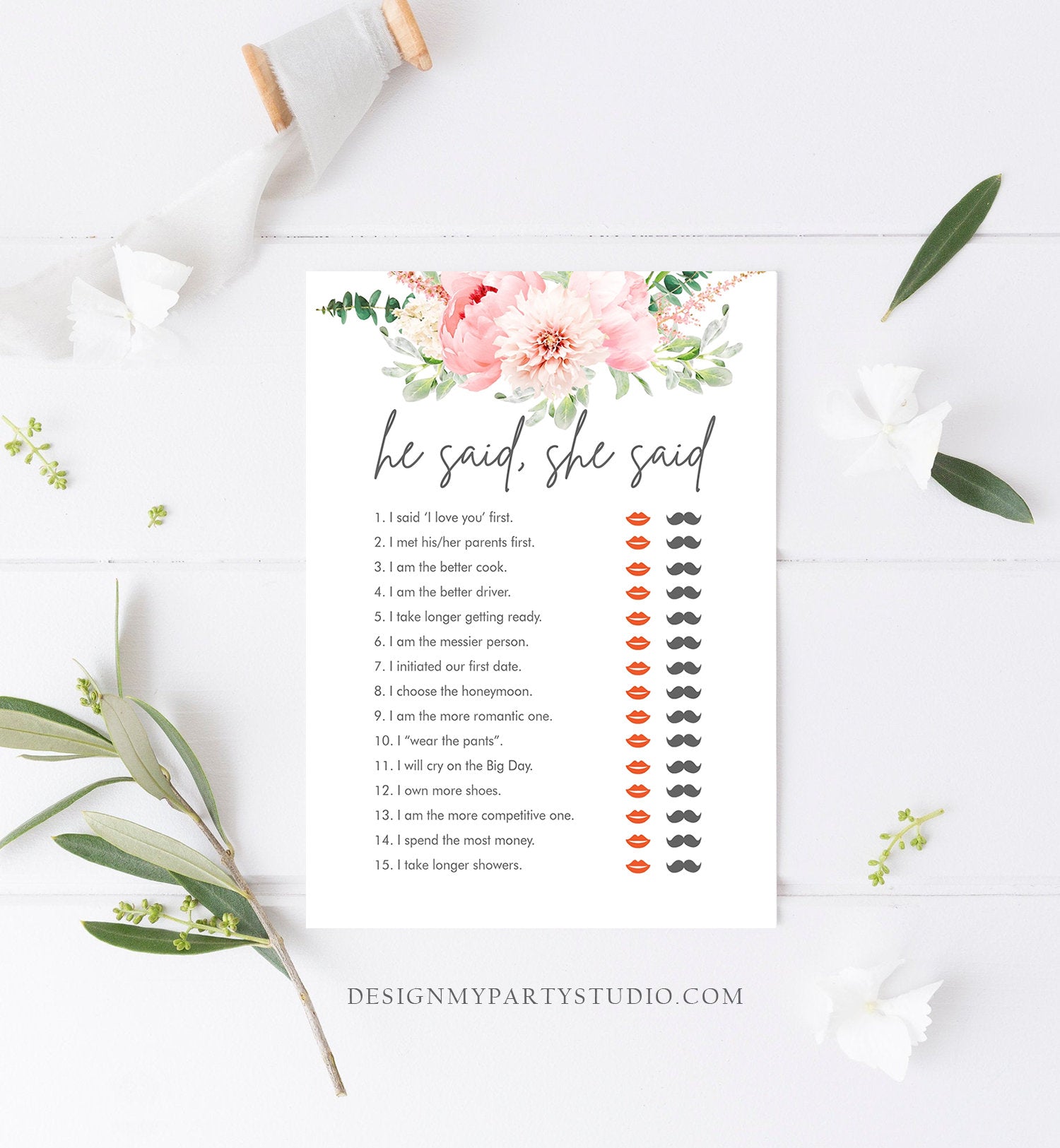 Editable He Said She Said Bridal Shower Game Botanical Flowers Floral Pink Peony Greenery Digital Download Corjl Template Printable 0167