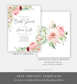 Editable Botanical Flowers Bridal Shower Invitation Floral Greenery Wedding Pastel Pink Peony Colors Digital Corjl Template Printable 0167