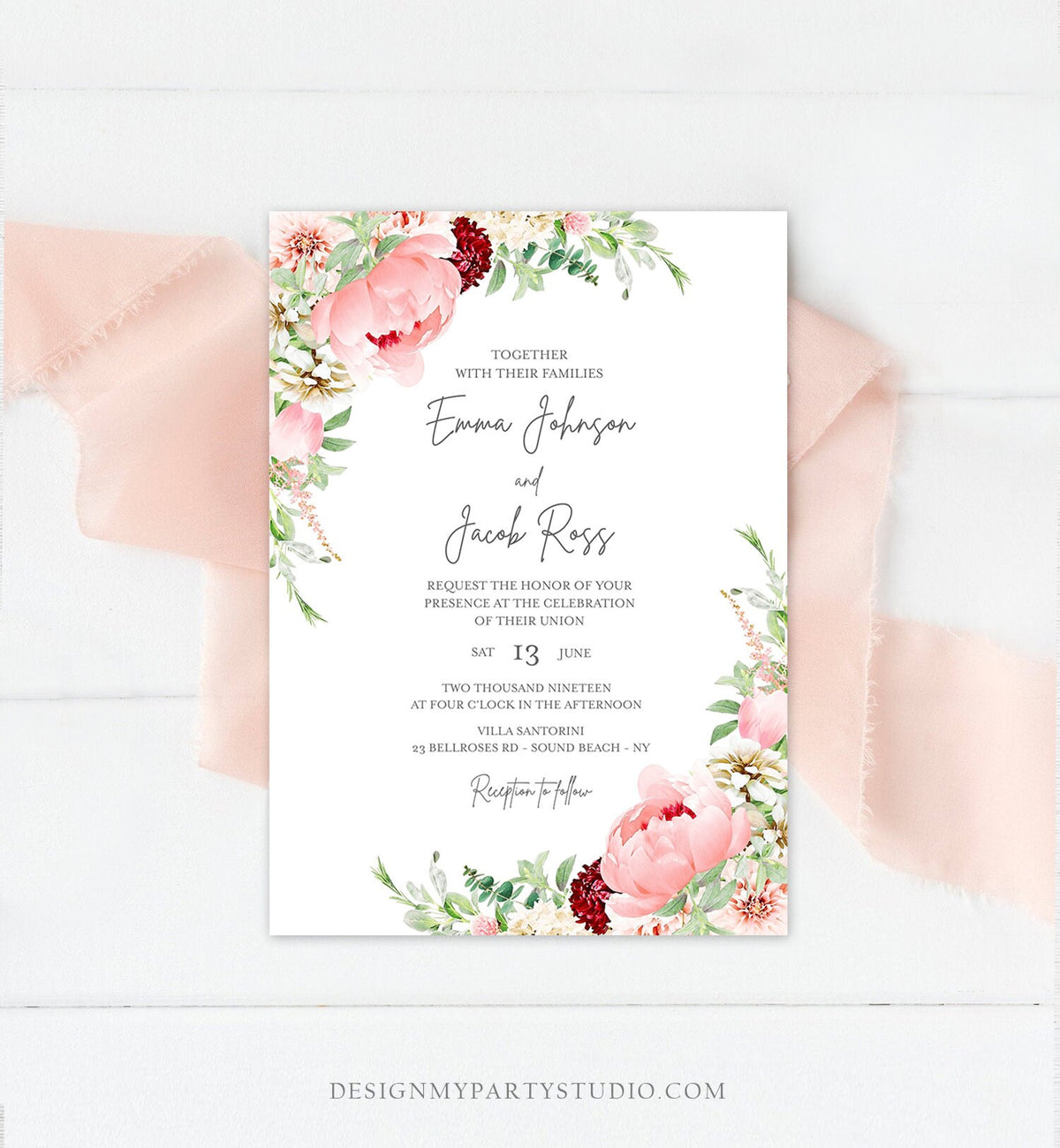 Editable Botanical Flowers Wedding Invitation Floral Greenery Bridal Shower Pastel Pink Peony Colors Digital Corjl Template Printable 0167