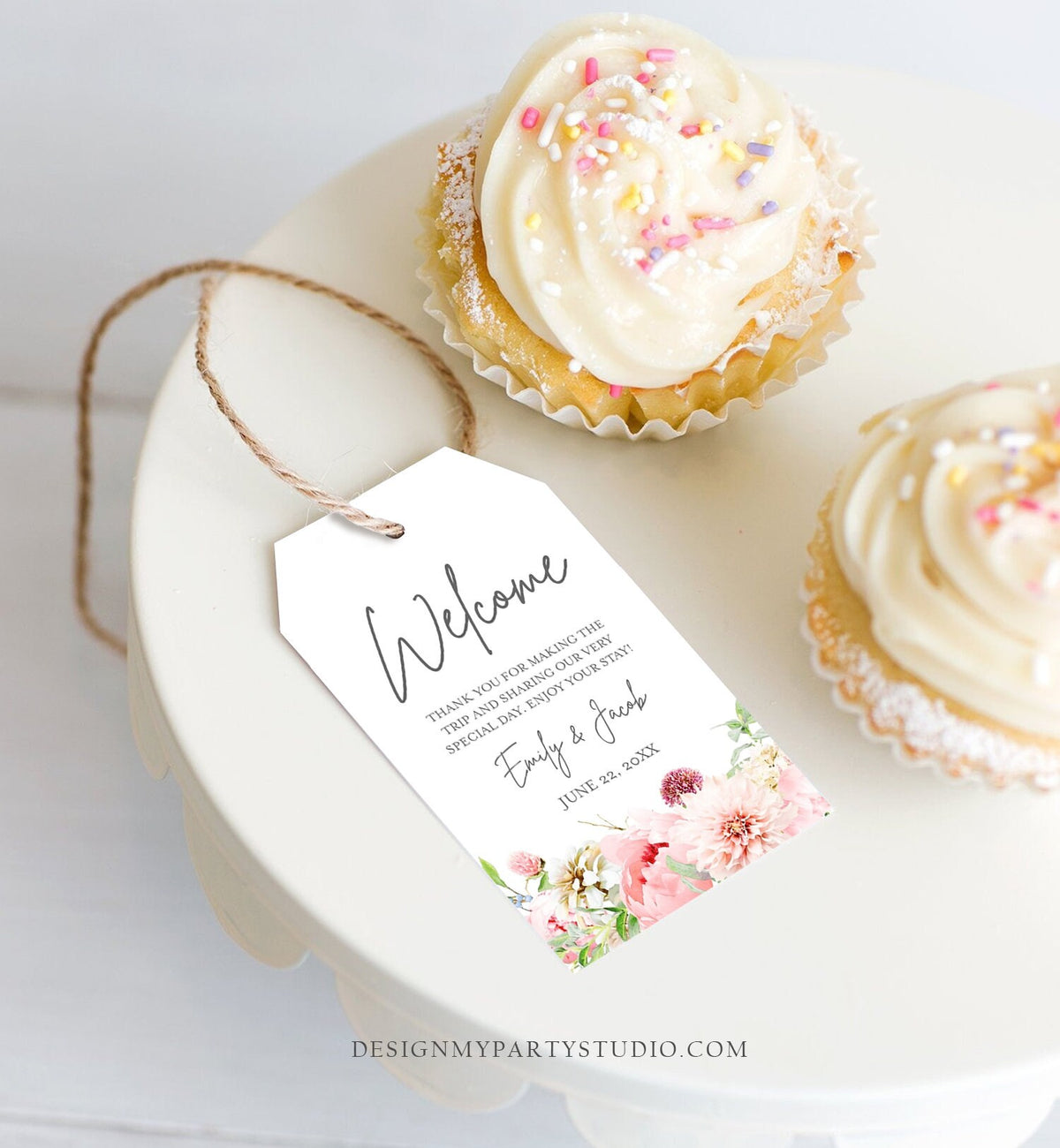 Editable Welcome Favor Tag Botanical Flowers Thank You Tags Bridal Shower Wedding Pink Flowers Foliage Peony Corjl Template Printable 0167