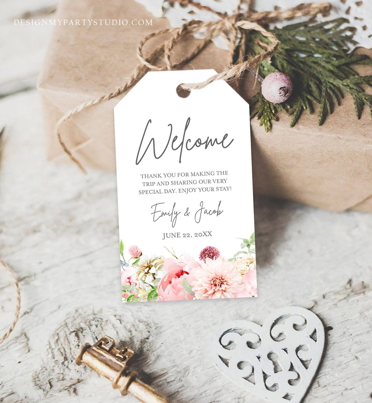 Editable Welcome Favor Tag Botanical Flowers Thank You Tags Bridal Shower Wedding Pink Flowers Foliage Peony Corjl Template Printable 0167