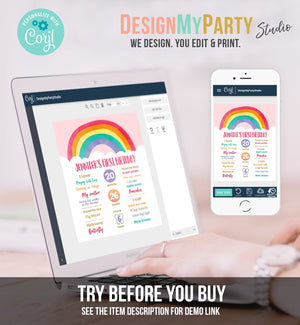 Editable Rainbow Birthday Milestones Sign Girl First Birthday 1st Colorful Clouds Over Rainbow Fun Download Corjl Template Printable 0272