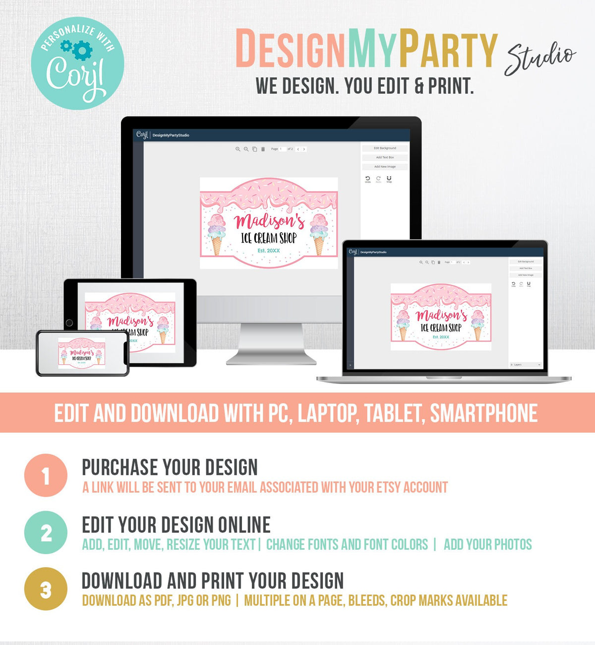 Editable Ice Cream Shop Sign Ice Cream Birthday Welcome Ice Cream Parlor Girl Summer Pink Purple Mint Summer Template PRINTABLE Corjl 0243