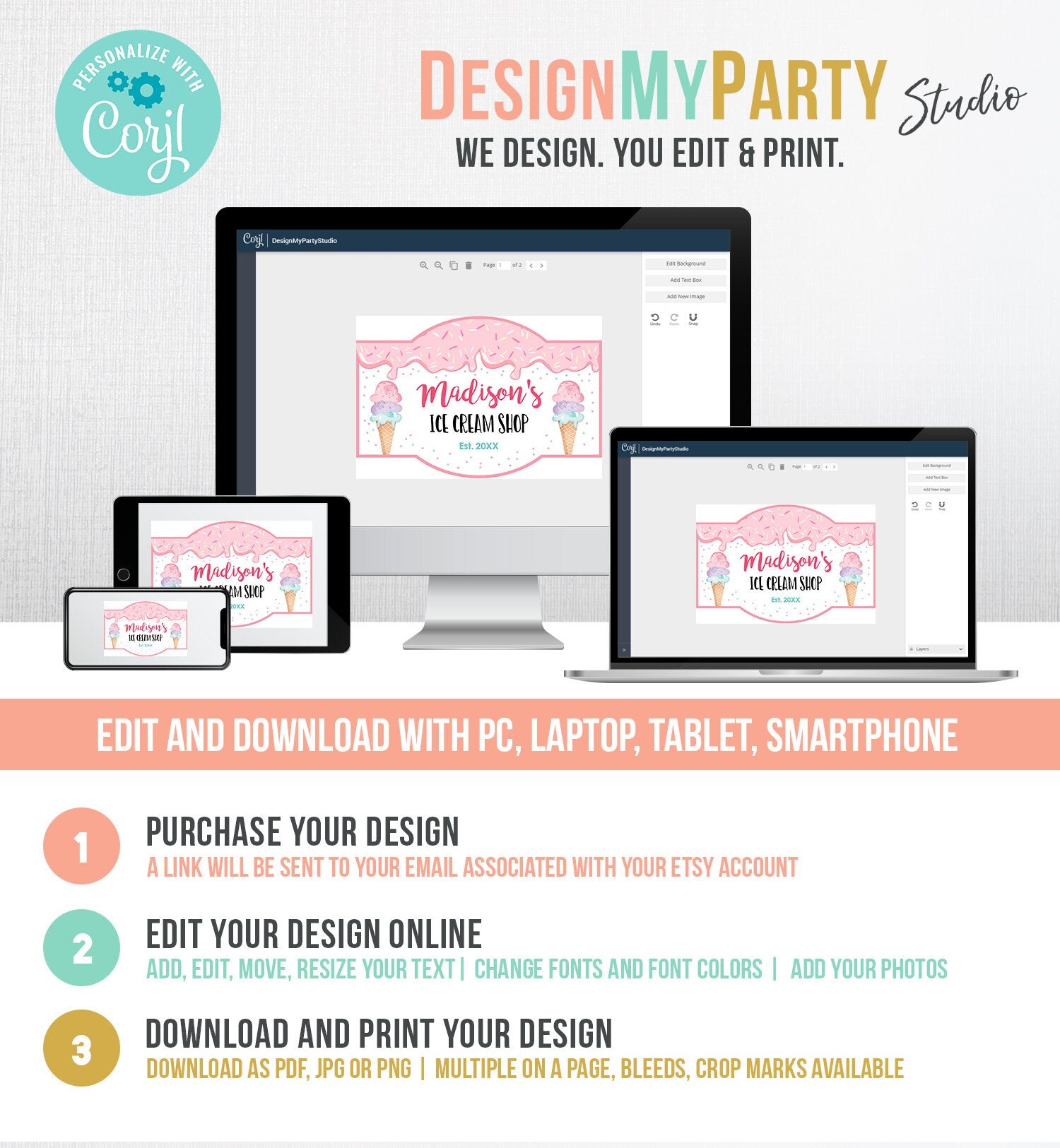 Editable Ice Cream Shop Sign Ice Cream Birthday Welcome Ice Cream Parlor Girl Summer Pink Purple Mint Summer Template PRINTABLE Corjl 0243