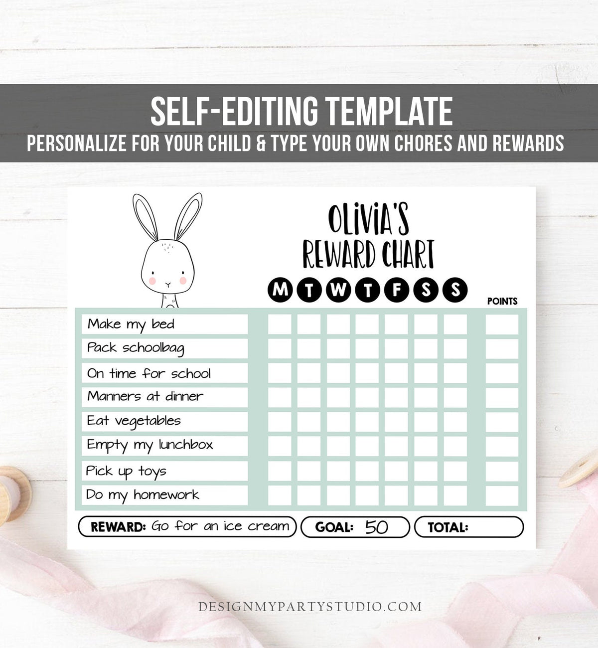 Editable Bunny Reward Chart for Girls Printable Animal Chore Chart for Kids Chores Boy Routine Chart Homeschool Template Corjl 0039