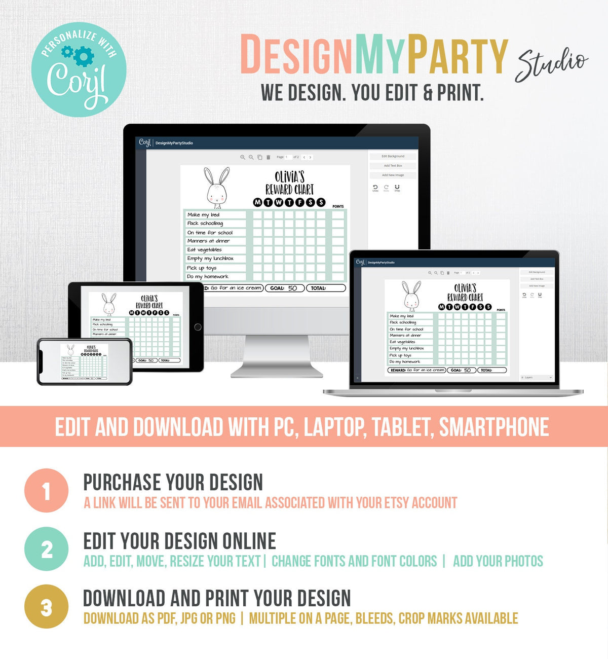 Editable Bunny Reward Chart for Girls Printable Animal Chore Chart for Kids Chores Boy Routine Chart Homeschool Template Corjl 0039