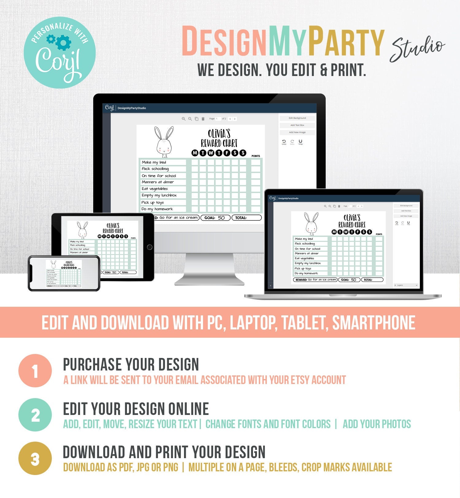 Editable Bunny Reward Chart for Girls Printable Animal Chore Chart for Kids Chores Boy Routine Chart Homeschool Template Corjl 0039