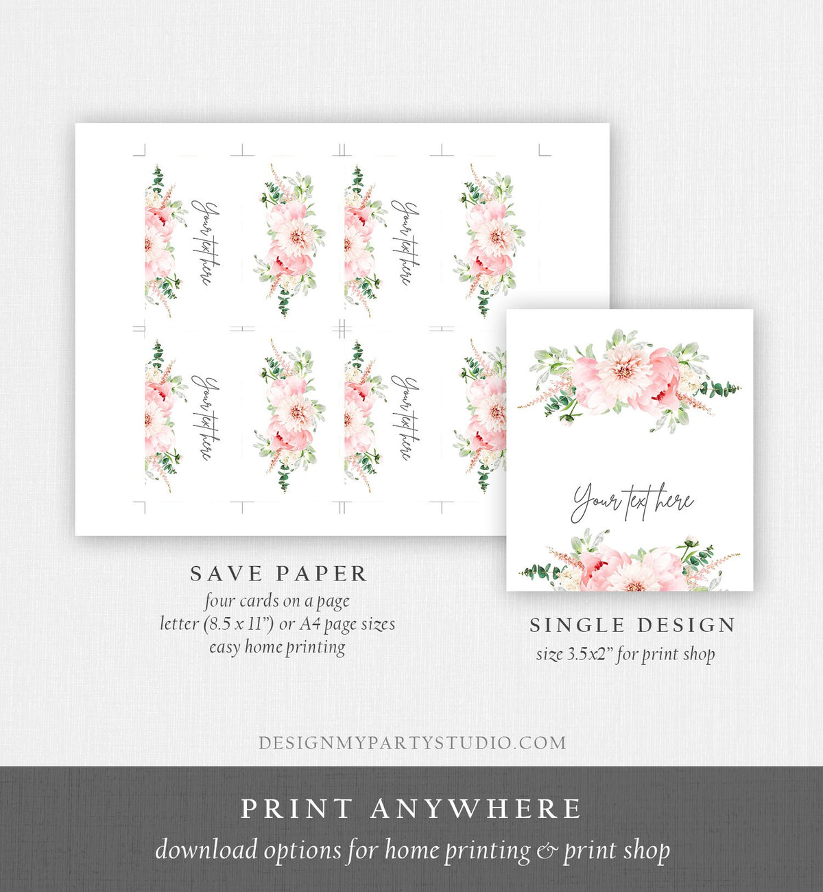 Editable Botanical Flowers Food Label Place Card Tent Card Escort Card Buffet Card Wedding Bridal Shower Pink Peony Corjl Template 0167