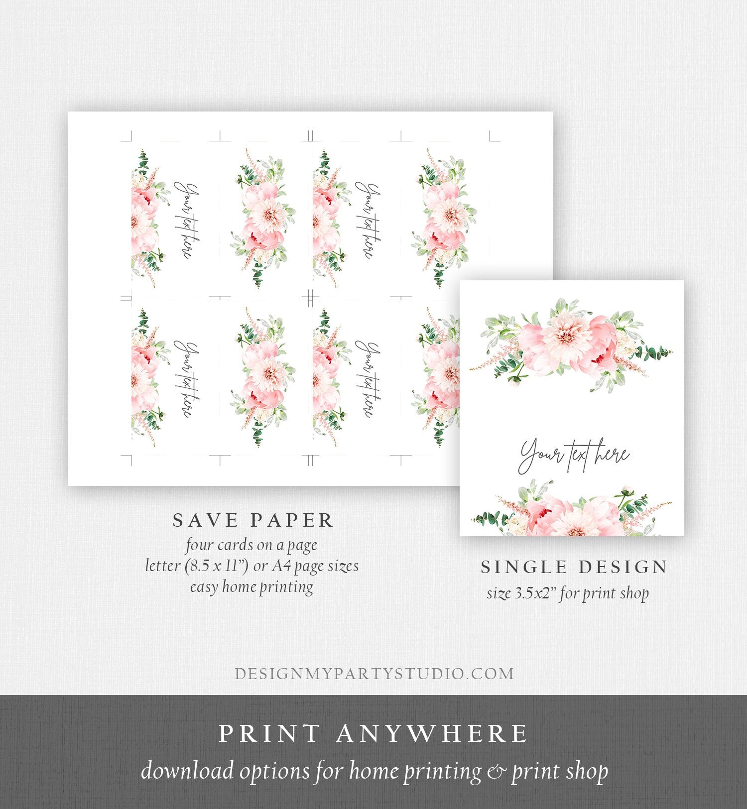 Editable Botanical Flowers Food Label Place Card Tent Card Escort Card Buffet Card Wedding Bridal Shower Pink Peony Corjl Template 0167