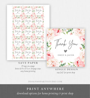 Editable Botanical Flowers Favor Tag Round Square Bridal Shower Wedding Thank You Pink Floral Peony Stickers Corjl Template Printable 0167