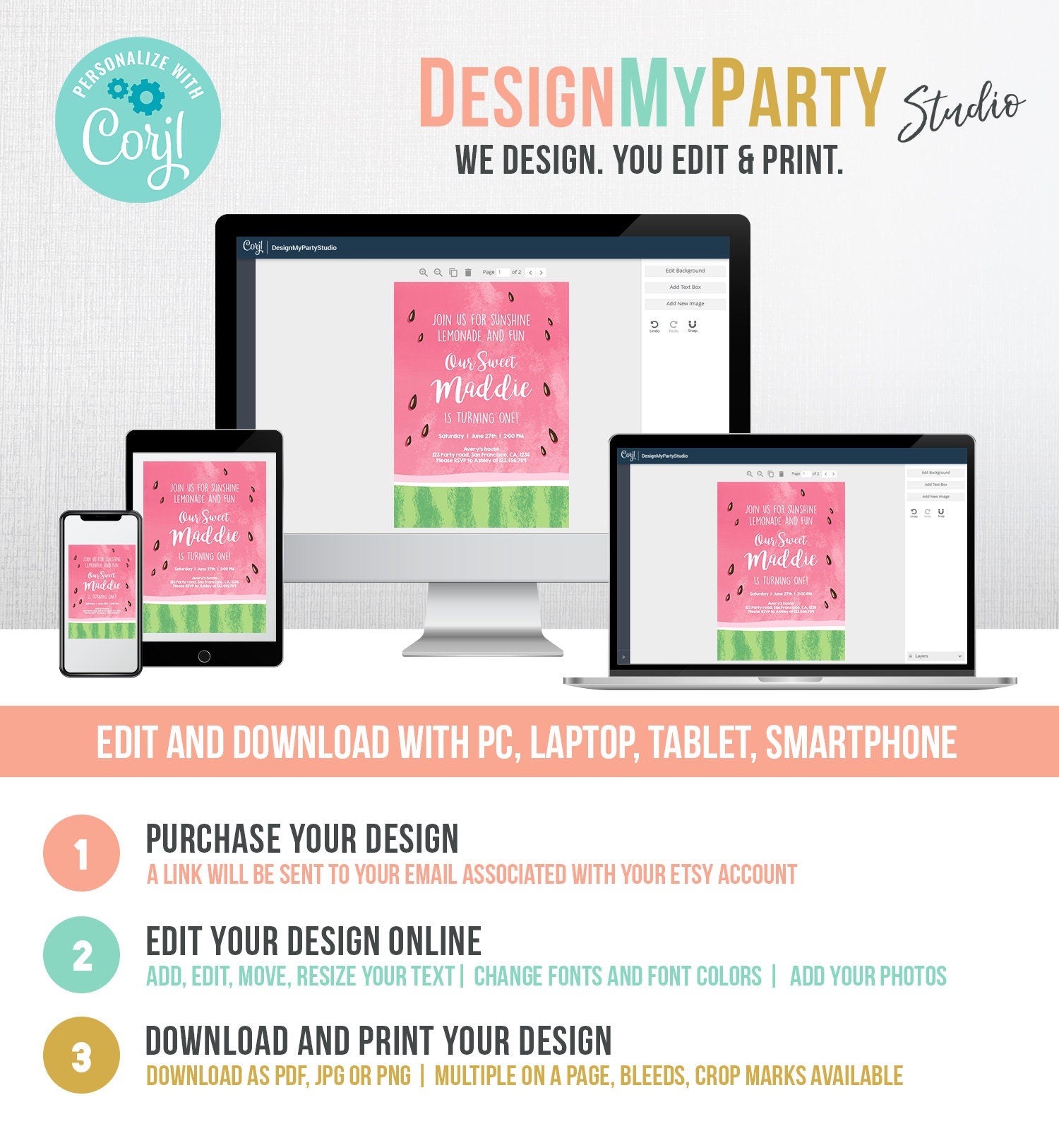 Editable Watermelon Birthday Invitation One in a Melon Invite Melon Party Summer Lemonade Digital Download Evite Template Printable 0250