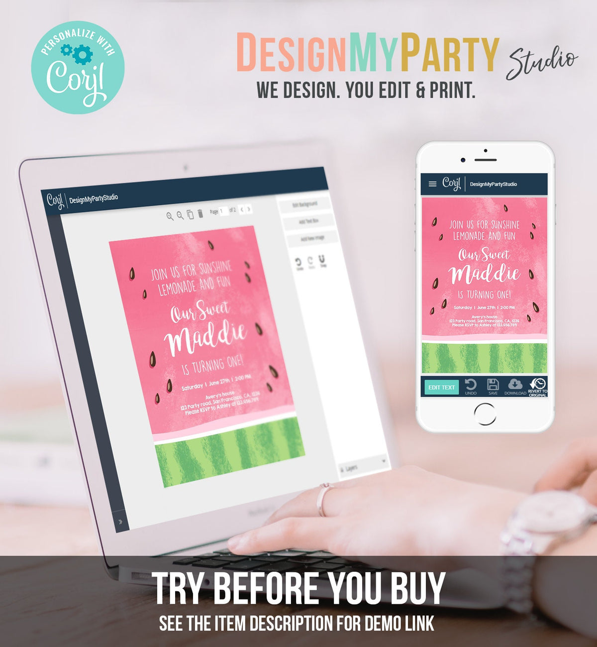 Editable Watermelon Birthday Invitation One in a Melon Invite Melon Party Summer Lemonade Digital Download Evite Template Printable 0250