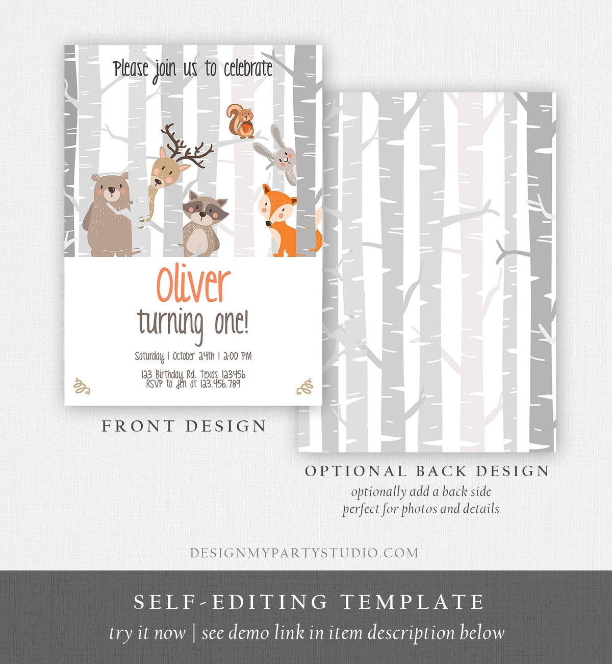Editable Birthday Invitation Woodland First Birthday Forest Animals Bear Fox Birch Trees Simple Boy Download Printable Template Corjl 0010