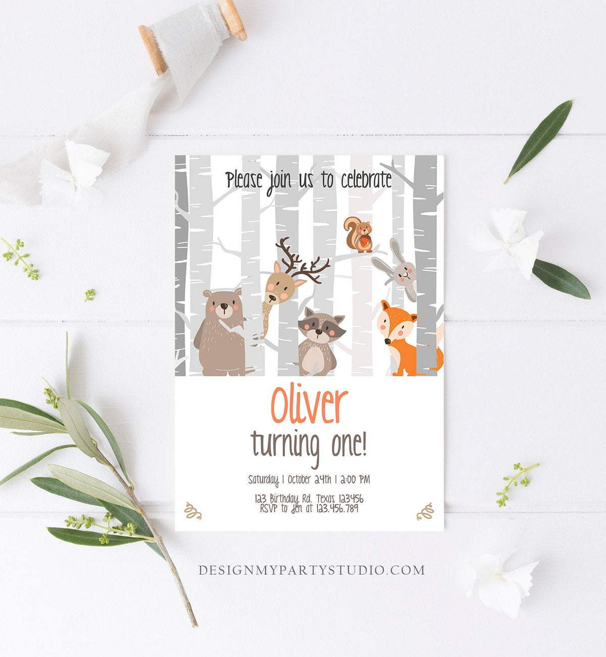 Editable Birthday Invitation Woodland First Birthday Forest Animals Bear Fox Birch Trees Simple Boy Download Printable Template Corjl 0010