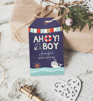 Editable Ahoy Its A Boy Baby Shower Favor Tags Nautical Gift tags Ocean Boy Shower Whale Navy Shower Label Sprinkle Tags Template Corjl 0018
