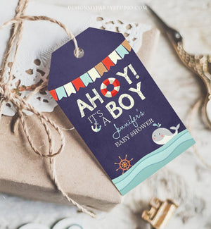Editable Ahoy Its A Boy Baby Shower Favor Tags Nautical Gift tags Ocean Boy Shower Whale Navy Shower Label Sprinkle Tags Template Corjl 0018