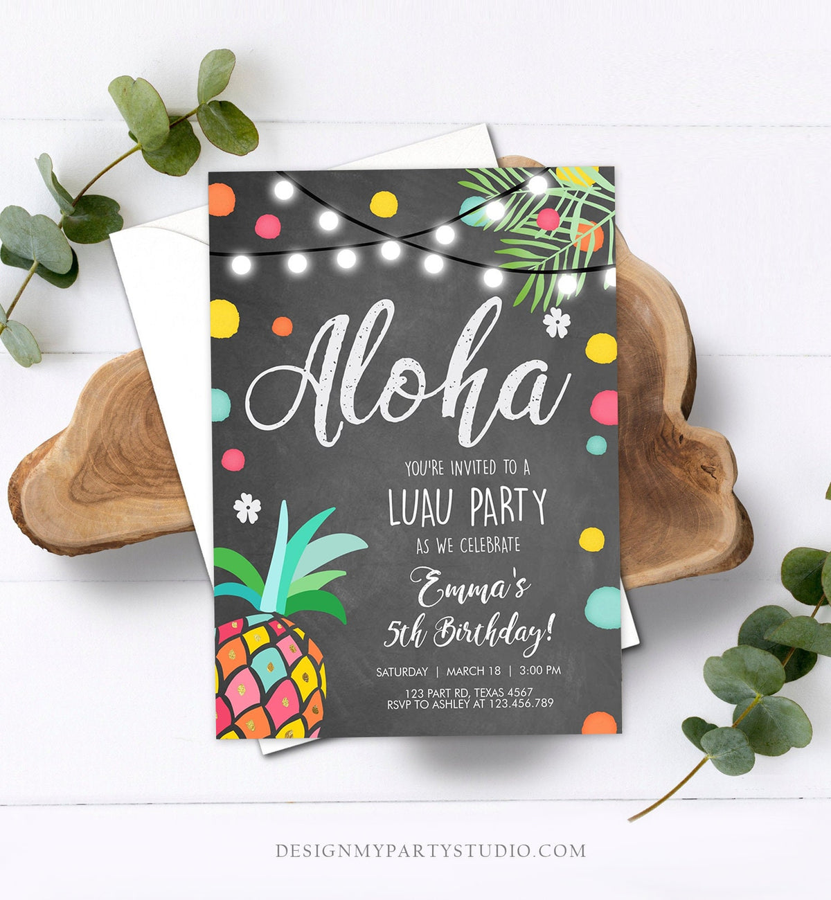 Editable Birthday Invitation Girl Aloha Pineapple Tropical Summer Party Beach Luau Party Hawaii Digital Download Template Printable 0201