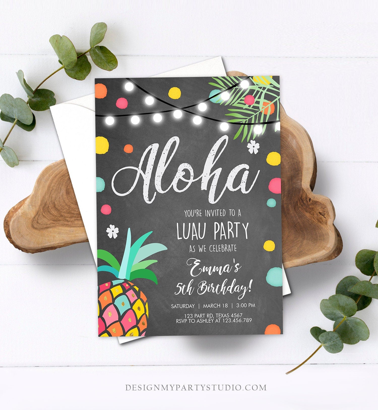 Editable Birthday Invitation Girl Aloha Pineapple Tropical Summer Party Beach Luau Party Hawaii Digital Download Template Printable 0201