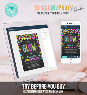 Editable Glow Birthday Invitation Glow Party Invite Neon Glow In The Dark Party Girls Teen Pink Download Printable Template Corjl 0310