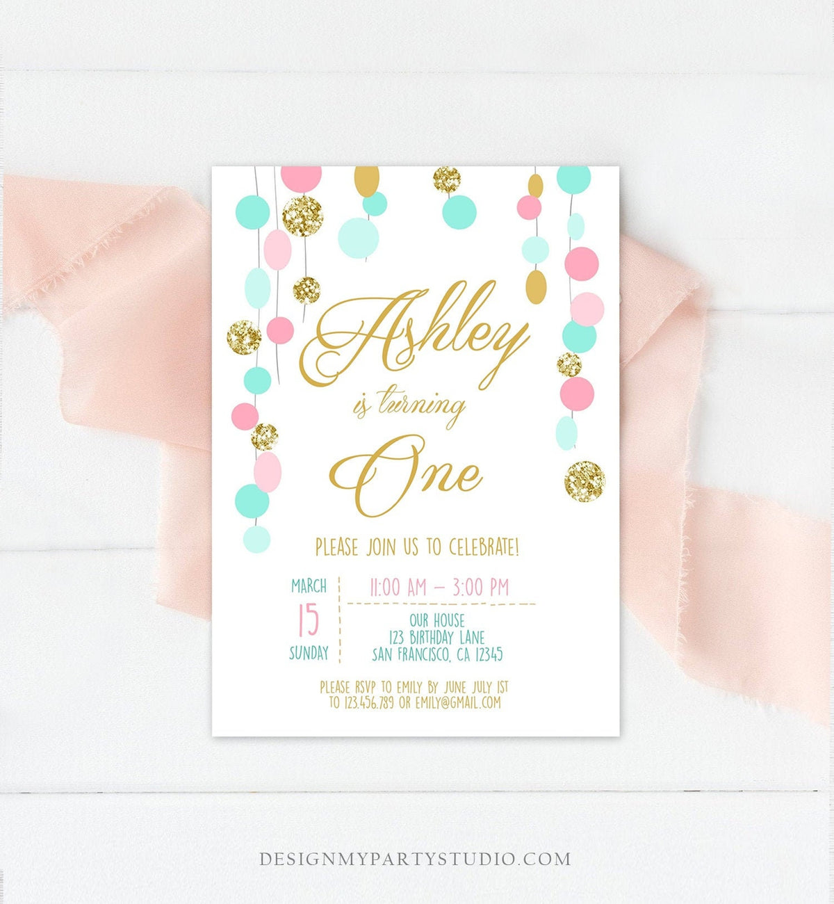 Editable Birthday Invitation Girl Confetti Pink Mint Gold First Birthday 1st Birthday Simple Printable Invite Template Corjl Digital 0245