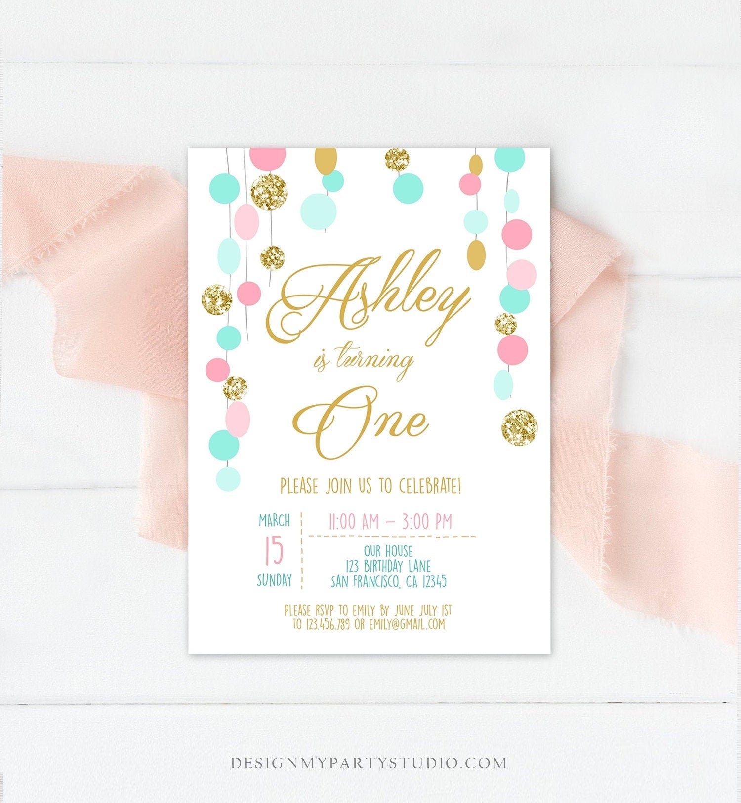 Editable Birthday Invitation Girl Confetti Pink Mint Gold First Birthday 1st Birthday Simple Printable Invite Template Corjl Digital 0245