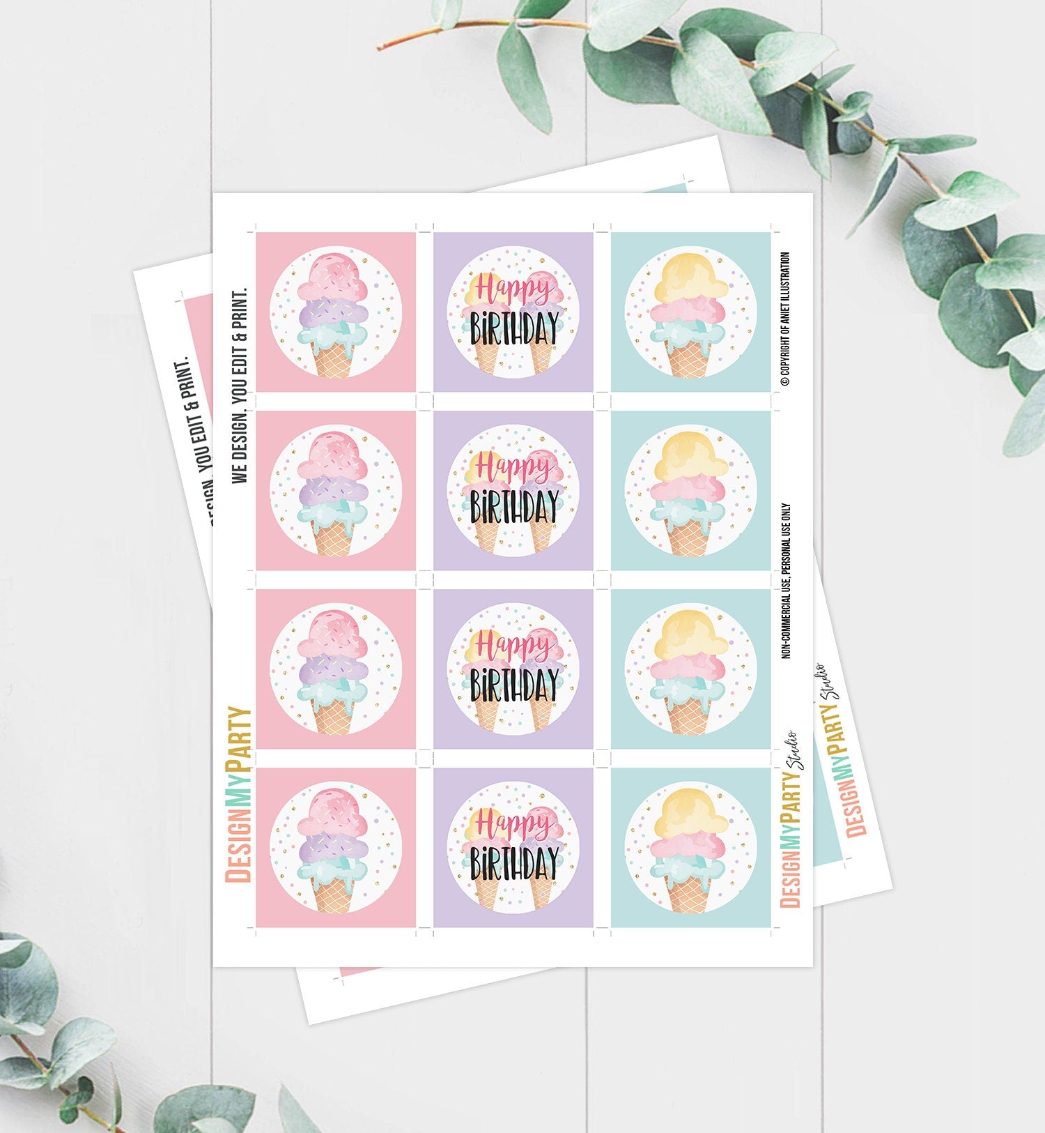 Ice Cream Cupcake Toppers Favor Tags Ice Cream Birthday Party Decoration Pink Mint Purple Summer Scoop download Digital PRINTABLE 0243