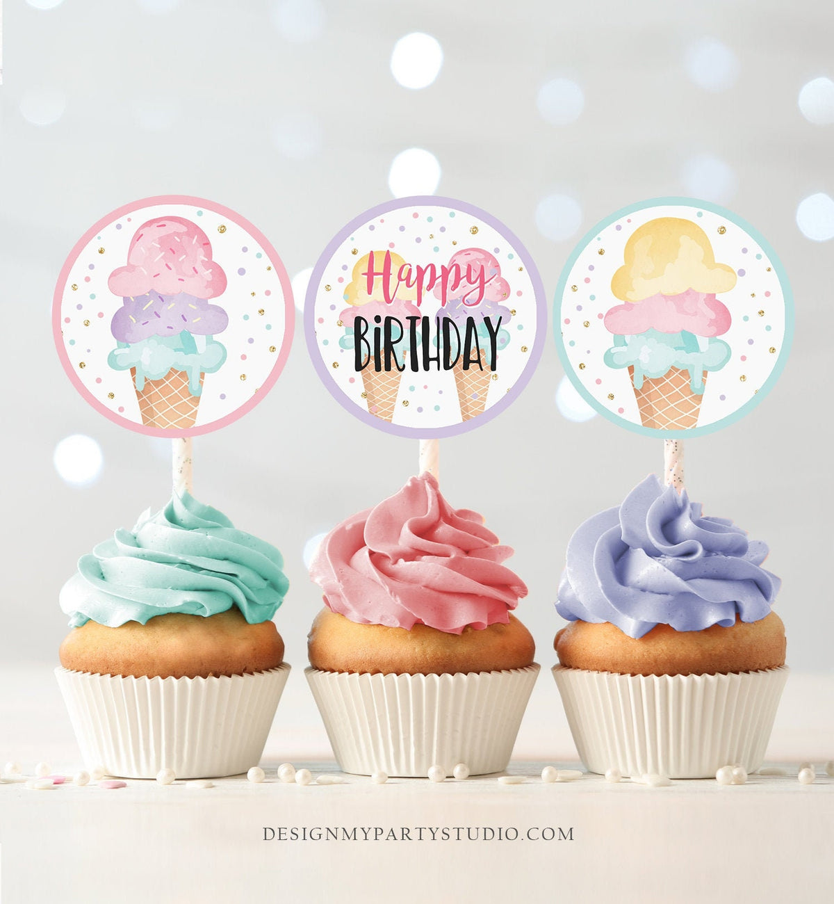 Ice Cream Cupcake Toppers Favor Tags Ice Cream Birthday Party Decoration Pink Mint Purple Summer Scoop download Digital PRINTABLE 0243