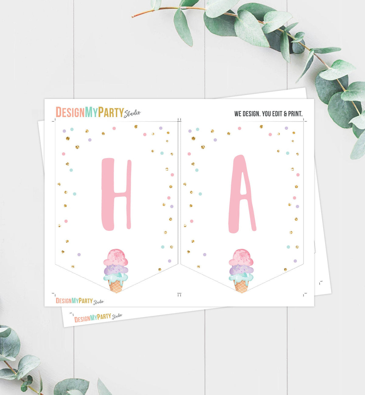 Happy Birthday Banner Pink Ice Cream Birthday Banner Ice Cream Party Girl Birthday Decorations Instant download PRINTABLE DIGITAL DIY 0243