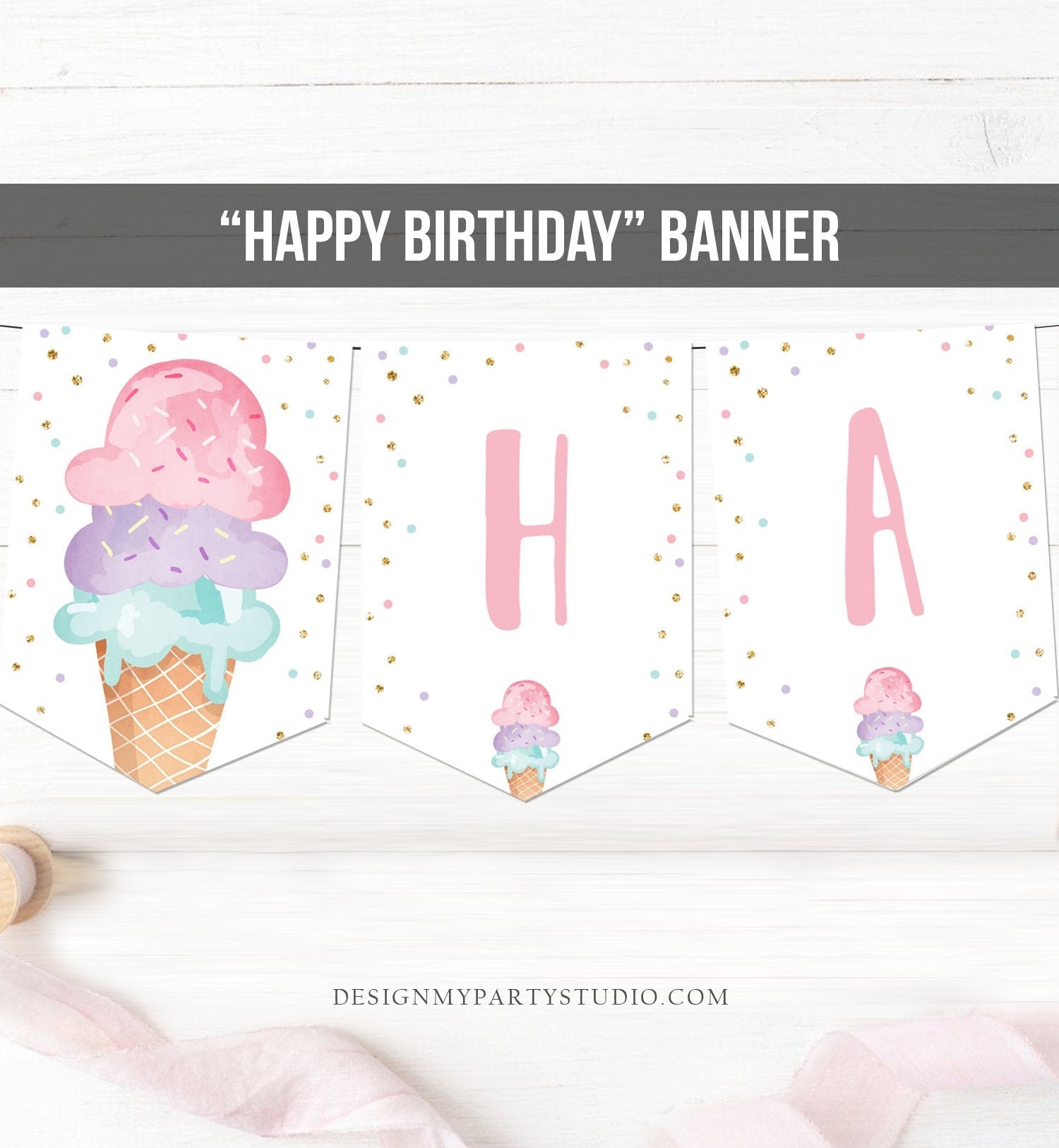 Happy Birthday Banner Pink Ice Cream Birthday Banner Ice Cream Party Girl Birthday Decorations Instant download PRINTABLE DIGITAL DIY 0243