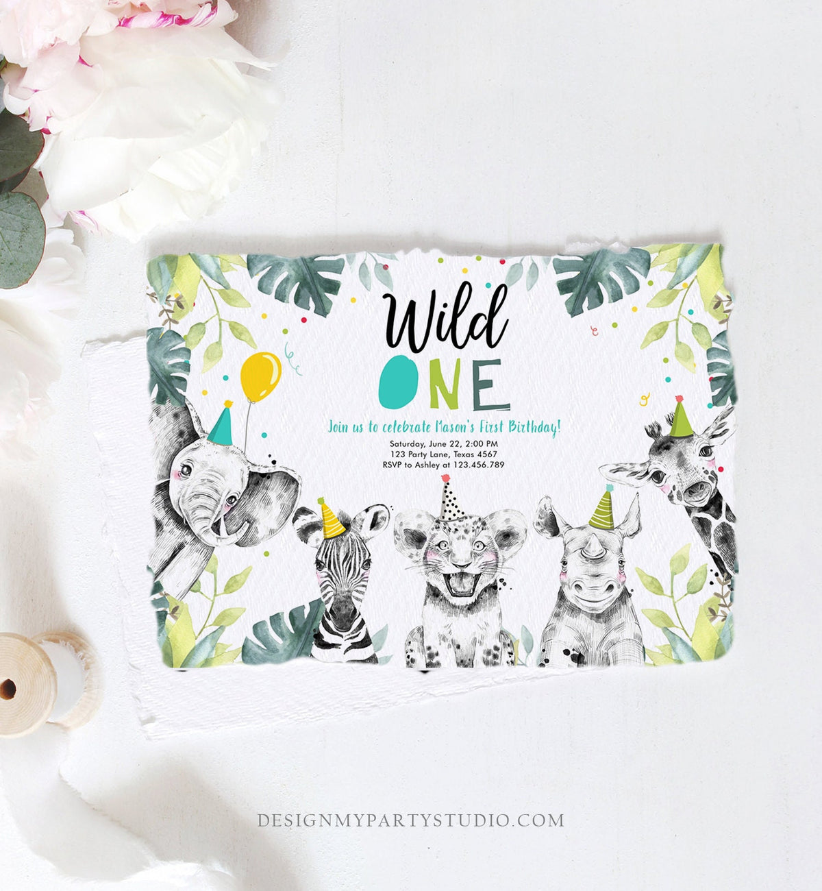 Editable Wild One Birthday Invitation Boy Safari Animals Invite Green Gold Party Animals Digital Download Evite Template Printable 0322