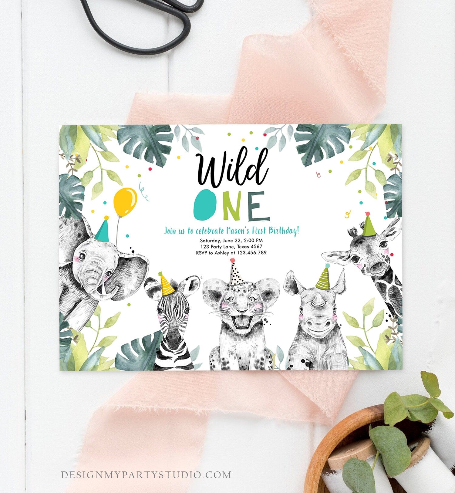 Editable Wild One Birthday Invitation Boy Safari Animals Invite Green Gold Party Animals Digital Download Evite Template Printable 0322