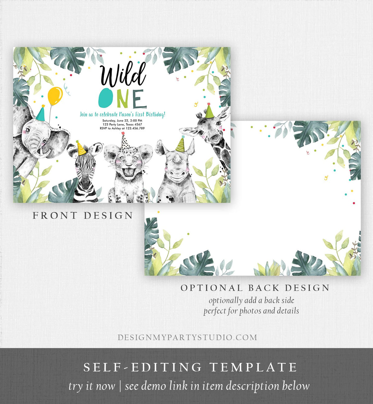 Editable Wild One Birthday Invitation Boy Safari Animals Invite Green Gold Party Animals Digital Download Evite Template Printable 0322