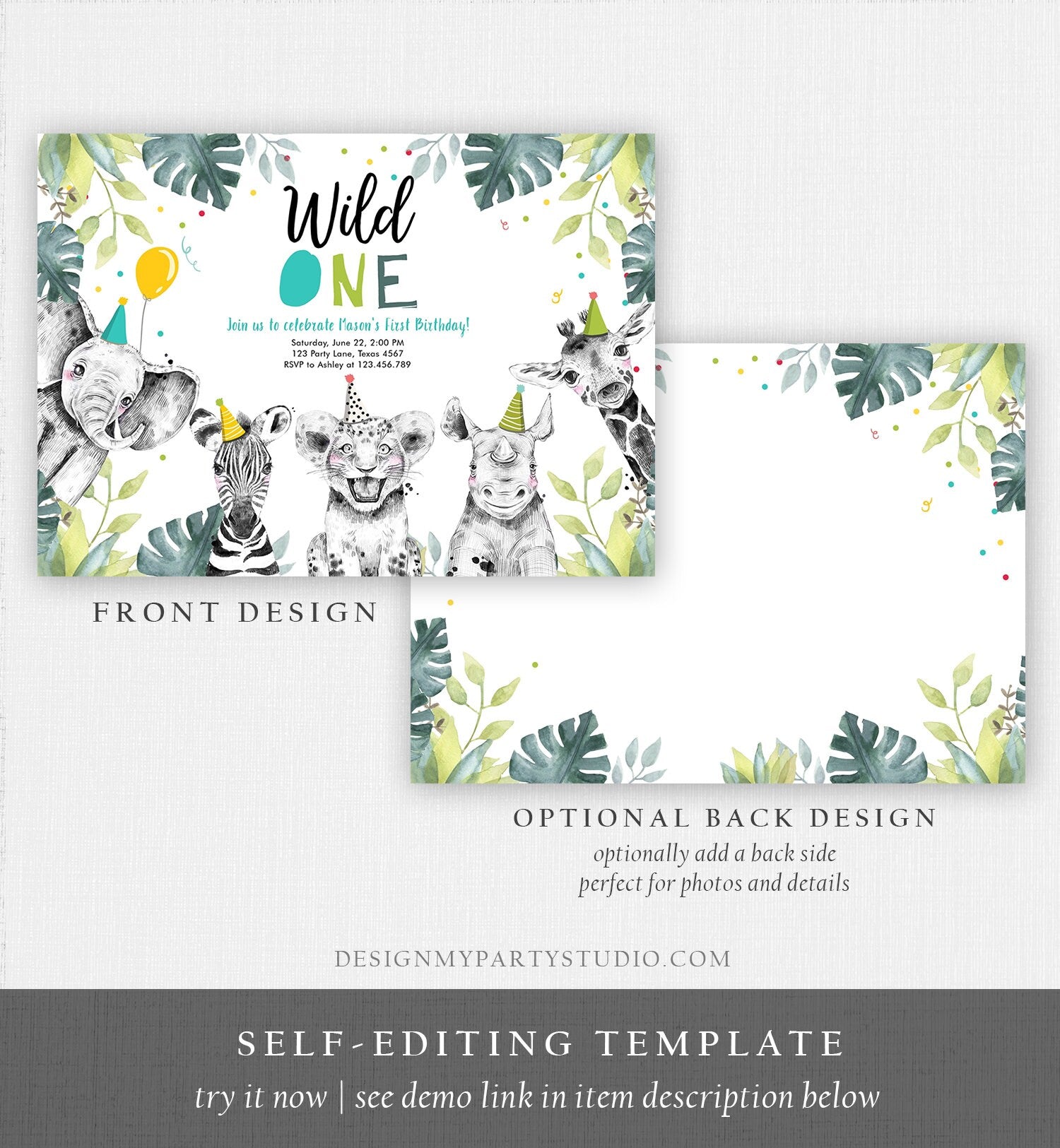 Editable Wild One Birthday Invitation Boy Safari Animals Invite Green Gold Party Animals Digital Download Evite Template Printable 0322