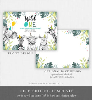 Editable Wild One Birthday Invitation Boy Safari Animals Invite Green Gold Party Animals Jungle Printable Template Corjl Digital 0322