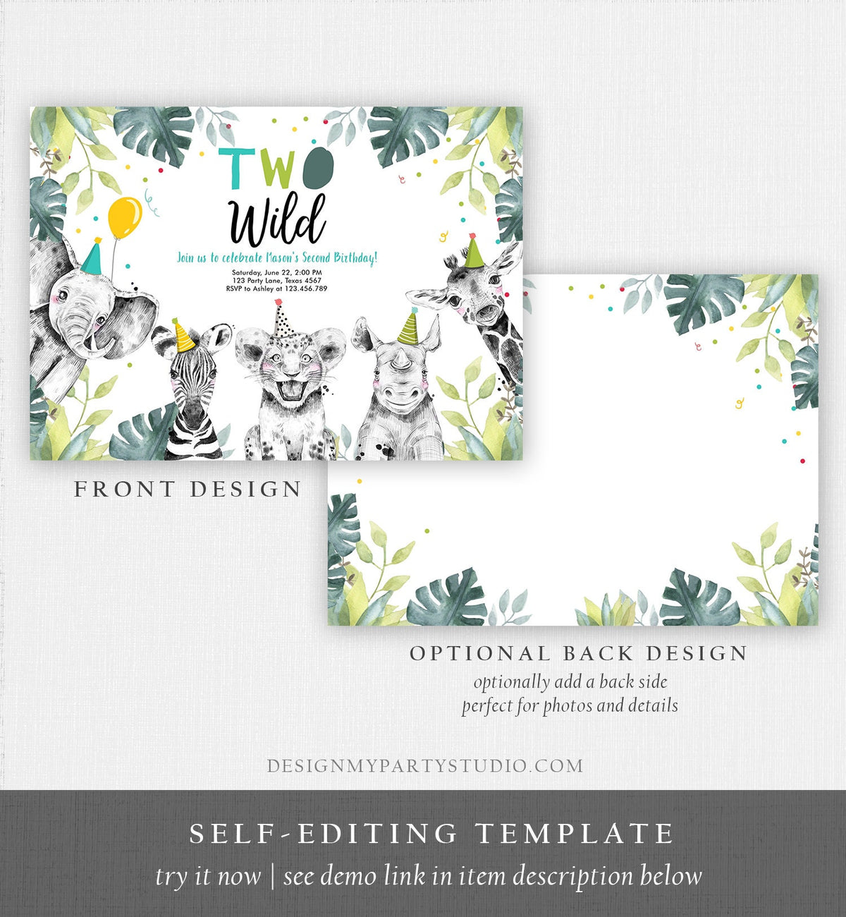 Editable Two Wild Birthday Invitation Boy Safari Animals Green Gold Safari Zoo Second Birthday 2nd Digital Download Template Printable 0322