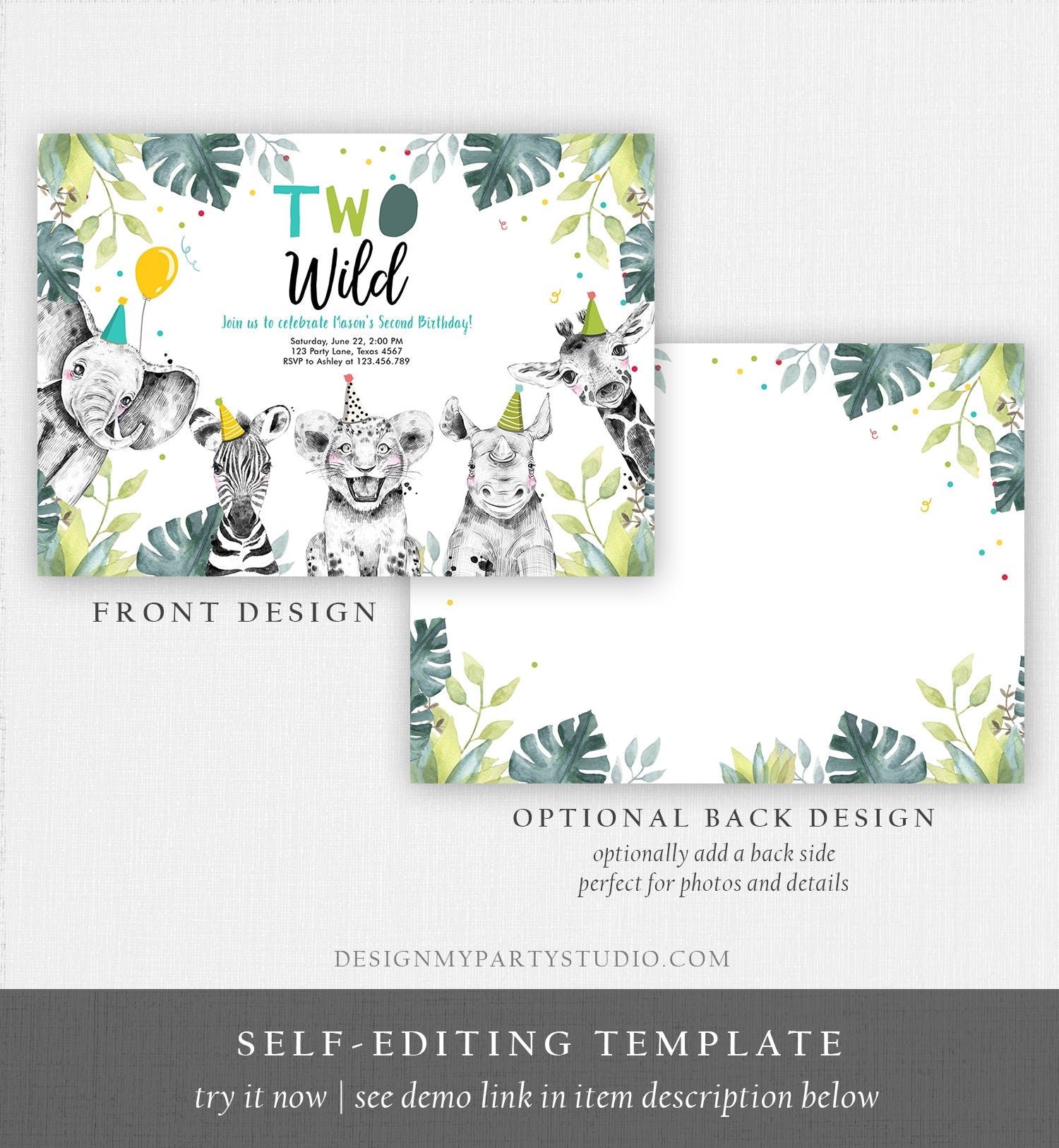 Editable Two Wild Birthday Invitation Boy Safari Animals Green Gold Safari Zoo Second Birthday 2nd Digital Download Template Printable 0322