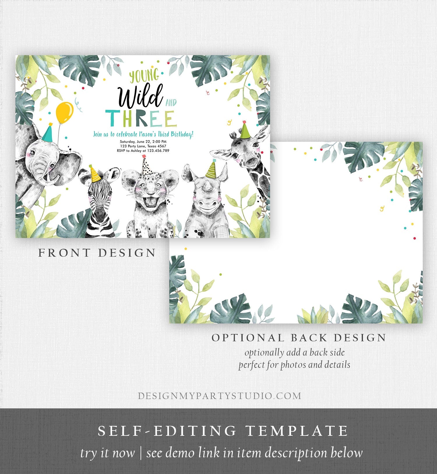 Editable Young Wild and Three Invitation Boy Safari Animals Zoo Wild Third Birthday 3rd Party Animals Digital Evite Template Printable 0322