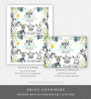 Editable Young Wild and Three Invitation Boy Safari Animals Zoo Wild Third Birthday 3rd Party Animals Printable Template Digital Corjl 0322