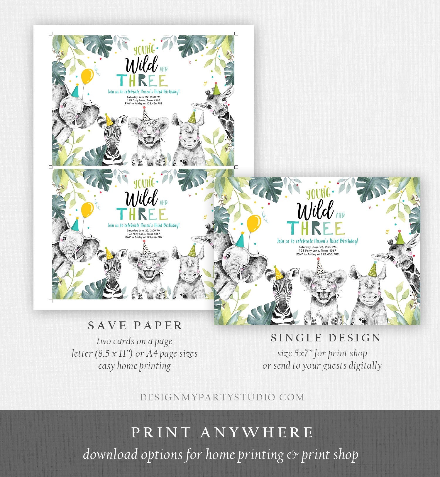 Editable Young Wild and Three Invitation Boy Safari Animals Zoo Wild Third Birthday 3rd Party Animals Digital Evite Template Printable 0322