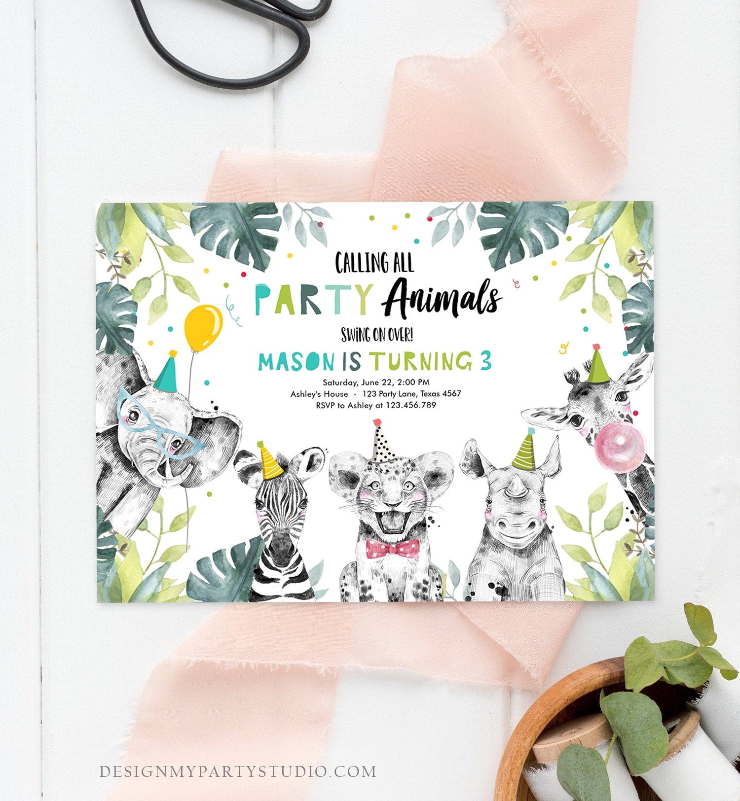 Editable Party Animals Birthday Invitation Boy Safari Animals Wild One Calling all Animals Zoo Jungle Download Evite Template Printable 0322